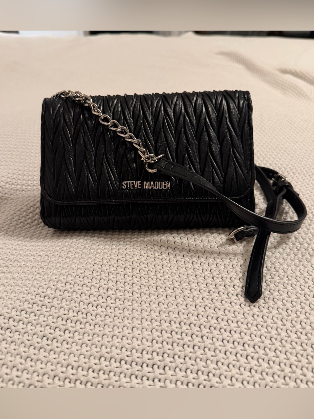 Steve Madden Black Quilted Chain-Accent Crossbody Bag